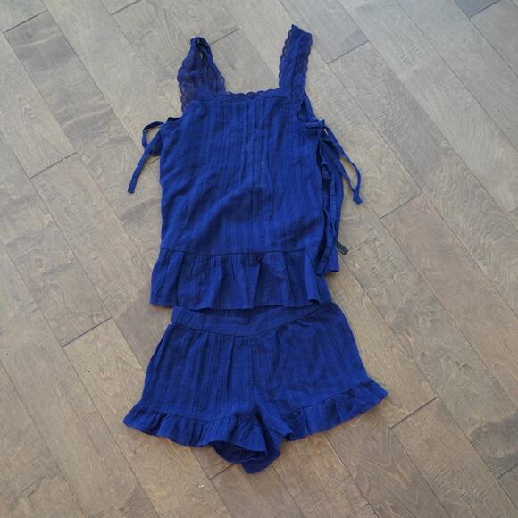 NWT SET 2 ANTHROPOLOGIE LACE TUNIC TOP &‎ SHORTS LOUNGE SLEEP PAJAMA NAVY XS - Picture 3 of 9